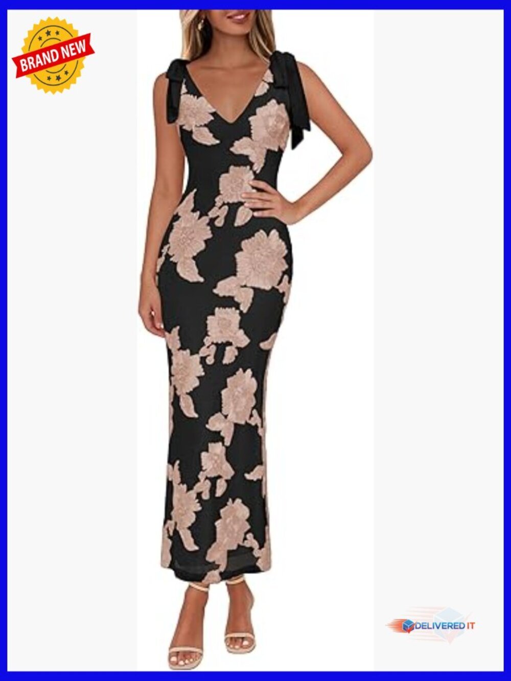 Floral Embroidered Maxi Dress Sleeveless V Neck Tie Strap Party Cocktail